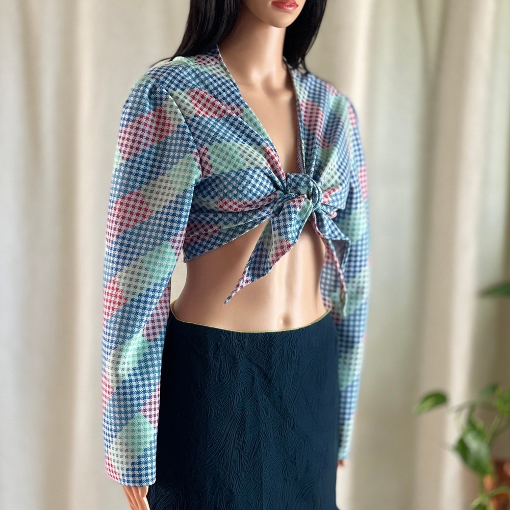 Handmade Vintage 70s Tie Front Crop Top Multi Color Checkered Retro Mod XL